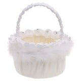 Maxbell Soft Feather Rose Flower White Satin Silk Bridal Basket Wedding Flower Girl Basket Party Home Decoration