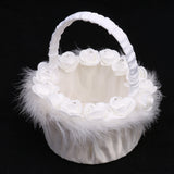 Maxbell Soft Feather Rose Flower White Satin Silk Bridal Basket Wedding Flower Girl Basket Party Home Decoration