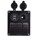 Maxbell 3 Gang Rocker Switch Panel W/ 12V-24V Double USB Power Outlet Charger Socket