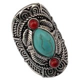 Maxbell Vintage Bohemia Tibetan Ethnic Siver Turquoise Engraving Leaf Finger Ring