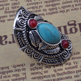 Maxbell Vintage Bohemia Tibetan Ethnic Siver Turquoise Engraving Leaf Finger Ring