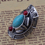 Maxbell Vintage Bohemia Tibetan Ethnic Siver Turquoise Engraving Leaf Finger Ring