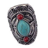 Maxbell Vintage Bohemia Tibetan Ethnic Siver Turquoise Engraving Leaf Finger Ring