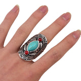 Maxbell Vintage Bohemia Tibetan Ethnic Siver Turquoise Engraving Leaf Finger Ring