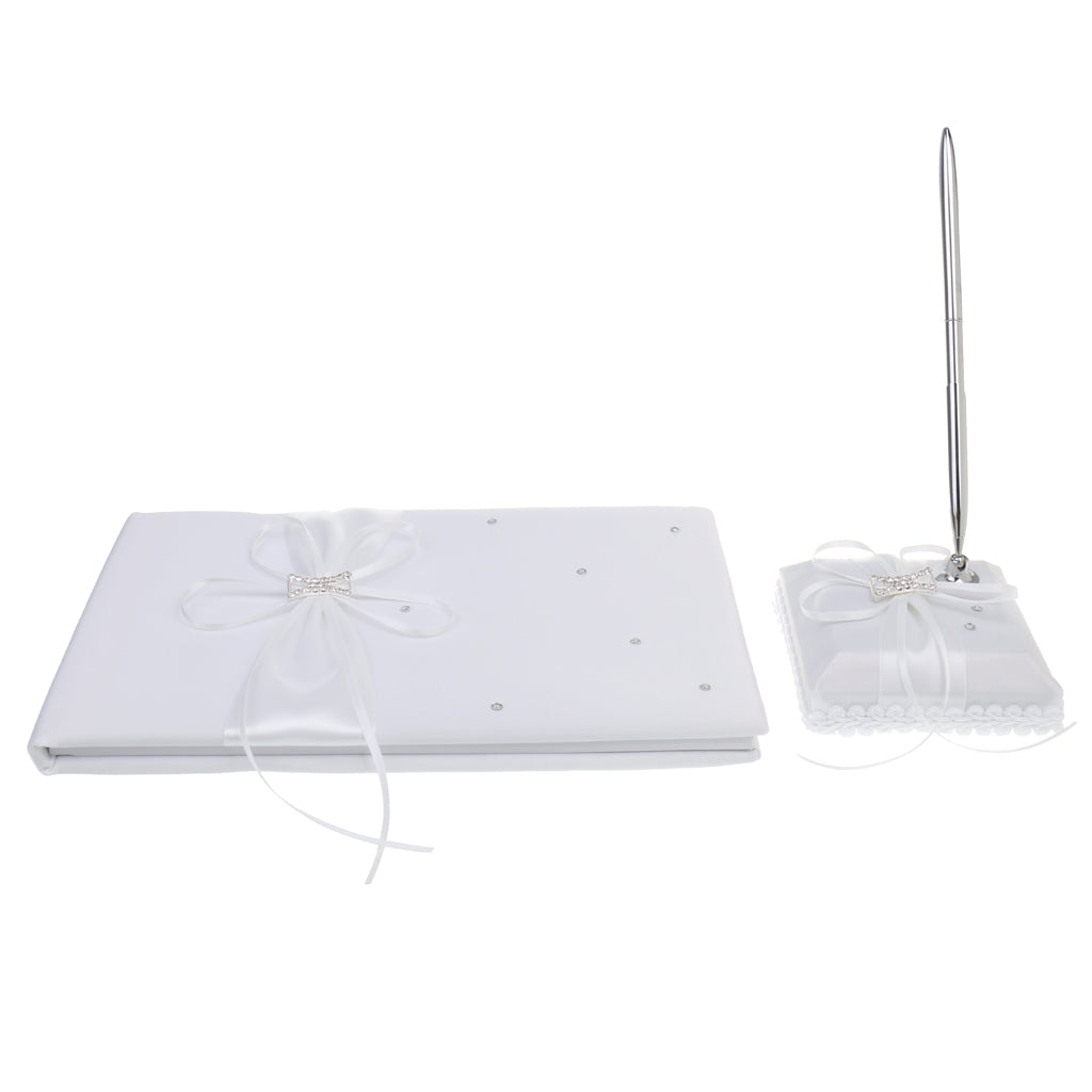 Maxbell White Wedding Ceremony Guest Book Pen Holder set with Crystal Bow Decoration