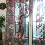 Maxbell Wine Red Flower Voile Window Curtain Panel Sheer Tulle Drape Beads Valance