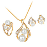 Maxbell Rhinestone White Pearls Necklace Earrings Ring Gift Jewelry Set for Wedding Bridal