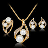 Maxbell Rhinestone White Pearls Necklace Earrings Ring Gift Jewelry Set for Wedding Bridal