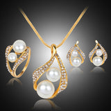 Maxbell Rhinestone White Pearls Necklace Earrings Ring Gift Jewelry Set for Wedding Bridal