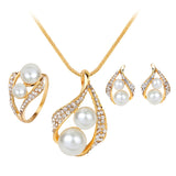 Maxbell Rhinestone White Pearls Necklace Earrings Ring Gift Jewelry Set for Wedding Bridal