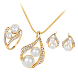 Maxbell Rhinestone White Pearls Necklace Earrings Ring Gift Jewelry Set for Wedding Bridal