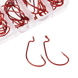 Maxbell 50 Pieces Various Sizes High Carbon Steel Crank Hook Wide Gap Barbed Bass Shad Jig Hooks with 5 Compartments Fishing Box Red