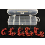 Maxbell 50 Pieces Various Sizes High Carbon Steel Crank Hook Wide Gap Barbed Bass Shad Jig Hooks with 5 Compartments Fishing Box Red