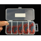 Maxbell 50 Pieces Various Sizes High Carbon Steel Crank Hook Wide Gap Barbed Bass Shad Jig Hooks with 5 Compartments Fishing Box Red