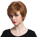 Maxbell Elegant Women Girls Light Brown Natural Short Layered 100 % Real Human Hair Wigs With Cap Heat Resistant for Daily Wear Costume Party