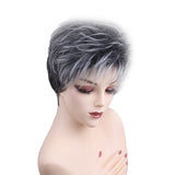 Maxbell 9" Women Short Layered Synthetic Hair Full Wigs With Cap Gray Black Root