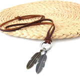 Maxbell Classic Double Charm Same Size Silver&Gold Leaves Pendant Adjustable Long PU Leather Rope Necklace for Women Men with Circle