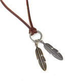 Maxbell Classic Double Charm Same Size Silver&Gold Leaves Pendant Adjustable Long PU Leather Rope Necklace for Women Men with Circle