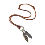 Maxbell Classic Double Charm Same Size Silver&Gold Leaves Pendant Adjustable Long PU Leather Rope Necklace for Women Men with Circle