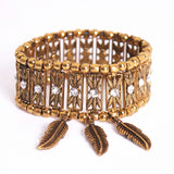 Maxbell Bohemian Jewelry Women's Crystal Wide Stretch Bracelet With Feather Charms Antique Gold