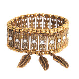 Maxbell Bohemian Jewelry Women's Crystal Wide Stretch Bracelet With Feather Charms Antique Gold