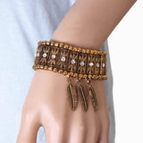 Maxbell Bohemian Jewelry Women's Crystal Wide Stretch Bracelet With Feather Charms Antique Gold