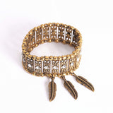 Maxbell Bohemian Jewelry Women's Crystal Wide Stretch Bracelet With Feather Charms Antique Gold