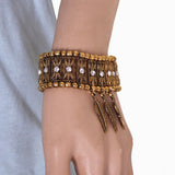 Maxbell Bohemian Jewelry Women's Crystal Wide Stretch Bracelet With Feather Charms Antique Gold