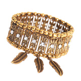 Maxbell Bohemian Jewelry Women's Crystal Wide Stretch Bracelet With Feather Charms Antique Gold