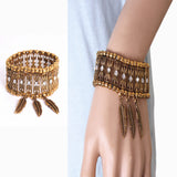 Maxbell Bohemian Jewelry Women's Crystal Wide Stretch Bracelet With Feather Charms Antique Gold