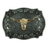 Maxbell Classical Enbossed Golden Long Horn Bull Head Belt Buckle with Engraved Floral Pattern