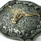 Maxbell Classical Enbossed Golden Long Horn Bull Head Belt Buckle with Engraved Floral Pattern
