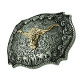 Maxbell Classical Enbossed Golden Long Horn Bull Head Belt Buckle with Engraved Floral Pattern