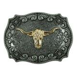 Maxbell Classical Enbossed Golden Long Horn Bull Head Belt Buckle with Engraved Floral Pattern