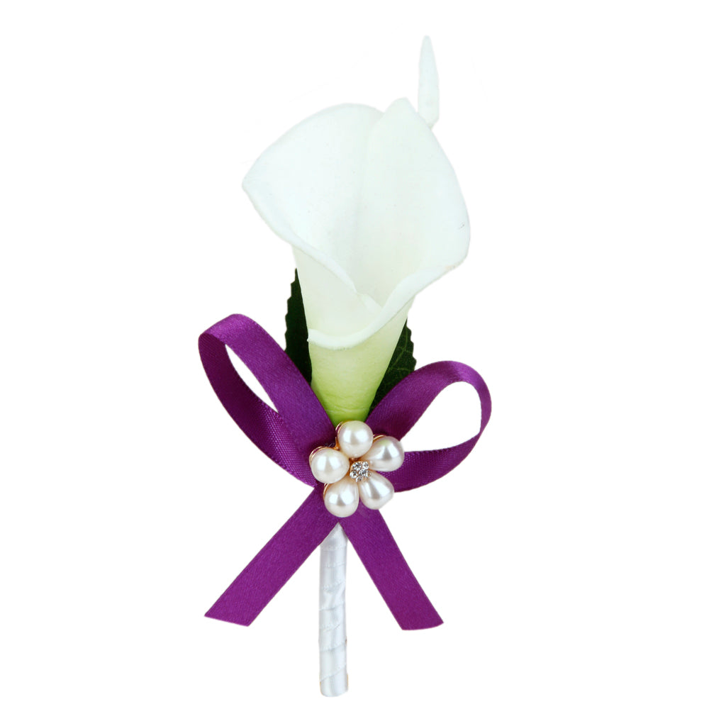 Maxbell Men Women Satin Leaf Faux Pearl Dark Purple Ribbon Boutonniere Corsage Tuxedo Calla Lily Brooch Pin For Wedding Formal Party Supplies