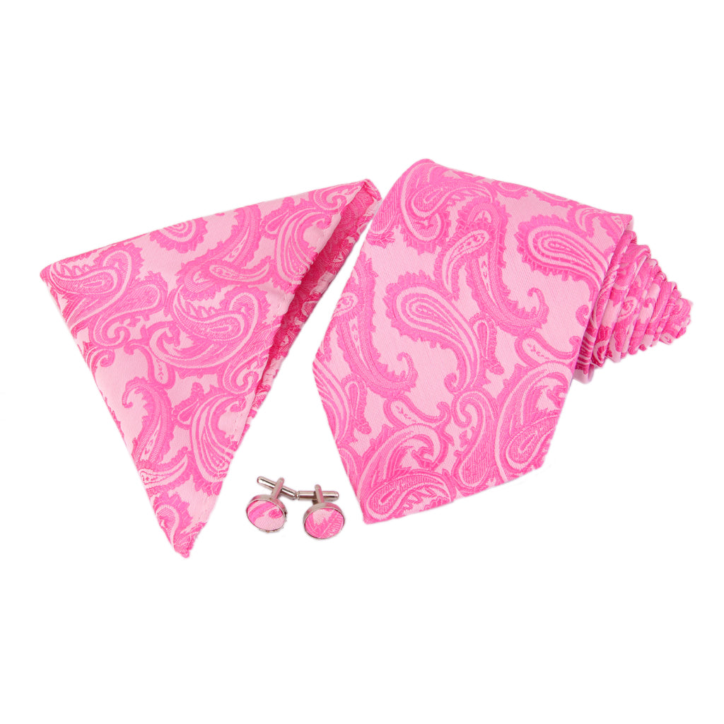 Maxbell Mens Jacquard Neck Tie Hanky Cufflinks set Wedding Neckwear Rosy