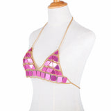 Maxbell Triangle Sequin Halter Bra Chain Women Summer Bikini Rose Red Chest Chain