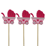 Maxbell 3 Pieces Felt Baby Stroller Shape Cake Toppers Baby Birthday Party Cake Picks Pink