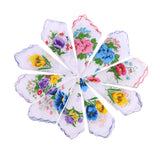 Maxbell 10pcs Women 100% Cotton White Handkerchiefs Assorted Colourful Flowers Gift