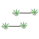 Maxbell 1 Pair Green Maple Leaf Straight Barbell Nipple Ring 14 Gauge Summer Jewelry