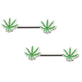 Maxbell 1 Pair Green Maple Leaf Straight Barbell Nipple Ring 14 Gauge Summer Jewelry