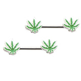 Maxbell 1 Pair Green Maple Leaf Straight Barbell Nipple Ring 14 Gauge Summer Jewelry