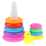 Maxbell Adorable Yellow Duck Toy with 9 Plastic Rainbow Color Stacking Rings Tower Toy, Kids Toddler Bath Tub Play Toy Gift