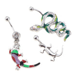 Maxbell 3 Pcs Fancy Crystal Enamel Gecko Snake Animal 14G Dangle Navel Belly Button Ring