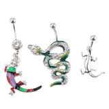 Maxbell 3 Pcs Fancy Crystal Enamel Gecko Snake Animal 14G Dangle Navel Belly Button Ring