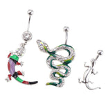 Maxbell 3 Pcs Fancy Crystal Enamel Gecko Snake Animal 14G Dangle Navel Belly Button Ring