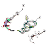 Maxbell 3 Pcs Fancy Crystal Enamel Gecko Snake Animal 14G Dangle Navel Belly Button Ring