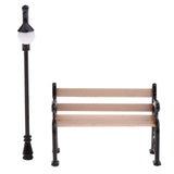 Maxbell 2pcs 1:12 Dollhouse Furniture Mini Wooden Bench with Street Lamp Garden Patio Accessories