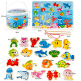 Maxbell Magnetic Fishing Game Toy, 22 Wooden Fish Animal Model & 2 poles with Ocean Jigsaw Puzzle Board Educational Pretend Play Toy Toddler Gift