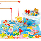 Maxbell Magnetic Fishing Game Toy, 22 Wooden Fish Animal Model & 2 poles with Ocean Jigsaw Puzzle Board Educational Pretend Play Toy Toddler Gift